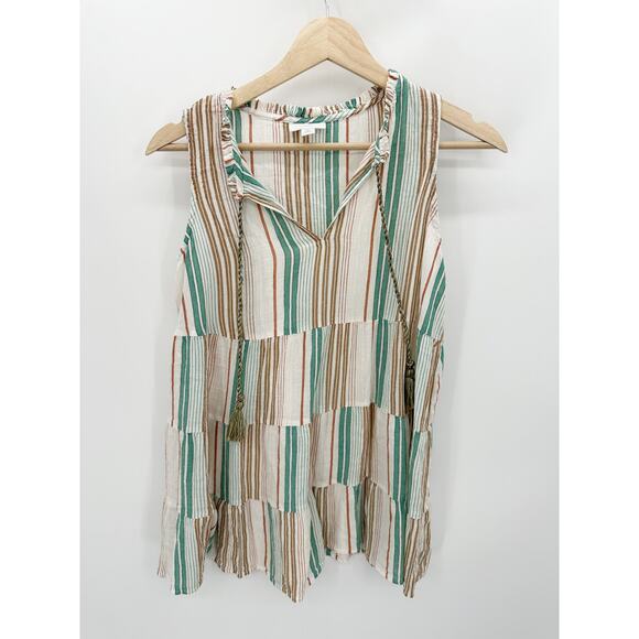 J. Jill Cream Striped Tank Top Size SP Tie Neck Tiered Boho Summer Resort - Picture 1 of 9
